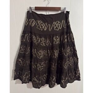 Dimri Boho Beaded Tiered Midi Skirt Womens Large Brown Excellent Ribbon Applique